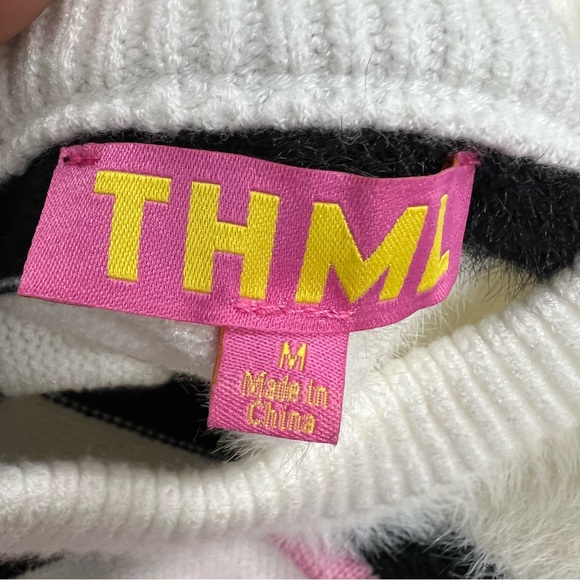 THML Kirsten striped M knit sweater white pink black bold modern high neckline - Picture 7 of 12